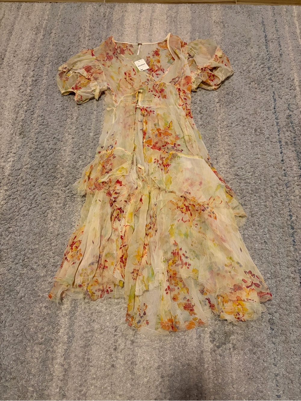 Free People S Sheer Floral Ruffle Tiered High Low Midi Dress Ivory Boho Festival